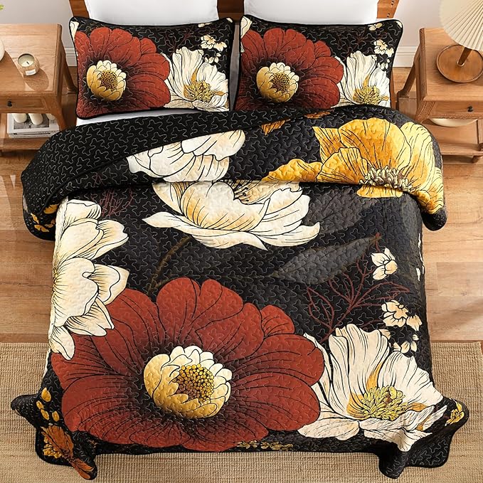 Dintszyayue Black Quilt Set Queen, 3 Pieces Red Floral Bedspreads Lightweight Coverlet Set for All Seasons, Reversible Quilted Printed Bedding Set with 2 Pillow Shams