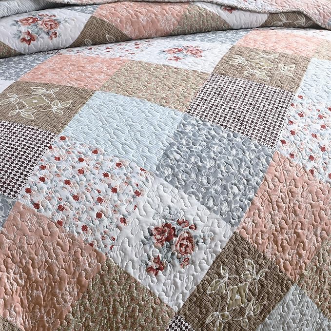 HoneiLife Quilt Set Queen Size - 3 Piece Microfiber Quilts Reversible Bedspreads Patchwork Coverlets Floral Bedding Set All Season Quilts,Mocha Rose-Queen/Full Size