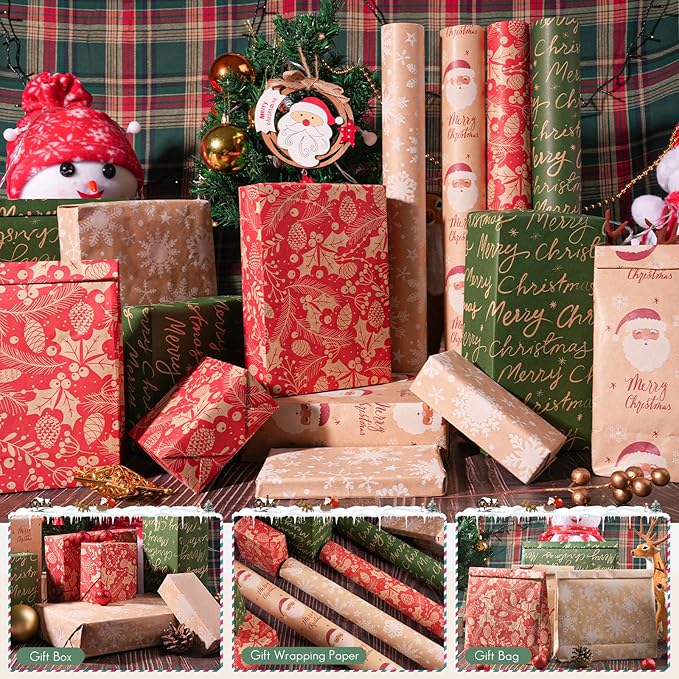 Happypapa Christmas Wrapping Paper, Kraft Xmas Wrapping Paper Rolls - Santa Claus, Trees, Snowflakes and Merry Christmas Pattern - 4 Rolls - 17 Inch × 120 Inch Per Roll