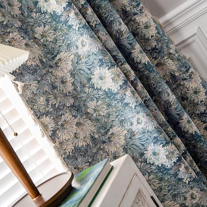ENJOYBRIDAL Blue Floral Curtains 84 Inch Length 2 Panels Farmhouse Semi Sheer Drapes for Living Room Bohemian Rustic Rod Pocket Window Curtain Panels with Tassel Jacquard Bedroom Window Treatments