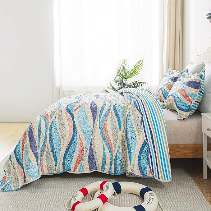 HoneiLife King Quilt Bedding Set - 3 Pieces Beach Quilt Sets Coastal Bedspreads Ocean Coverlets Microfiber Bed Cover All Season Quilts