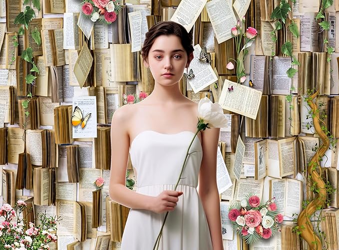7x5FT Vintage Bookshelf Background Flower Garlend Book Pages Wedding Decorations Backdrop Adults Baby Shower Graduation Party Photo Studio Background Props KUBDJ943