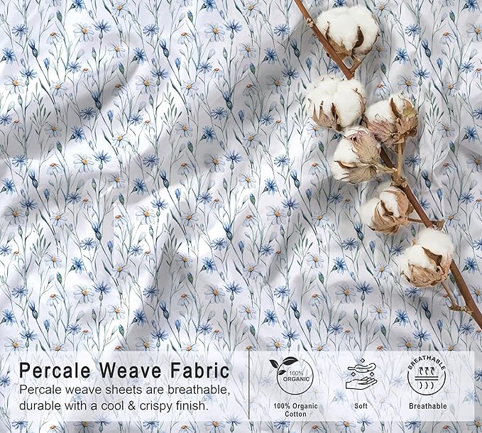 RUVANTI 100% Organic Cotton Sheets Split King, Percale Weave, GOTS Certified, 5-Piece Set, Deep Pocket 15", Crisp & Breathable, Soft Durable Bedding, Sábanas Algodón Orgánico – Daisy Bud