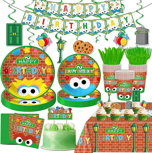 147PCS Cookie Party Supplies for Baby Birthday Party Street Themed Tableware Set Napkin Cups Forks Knives for 20 Guests
