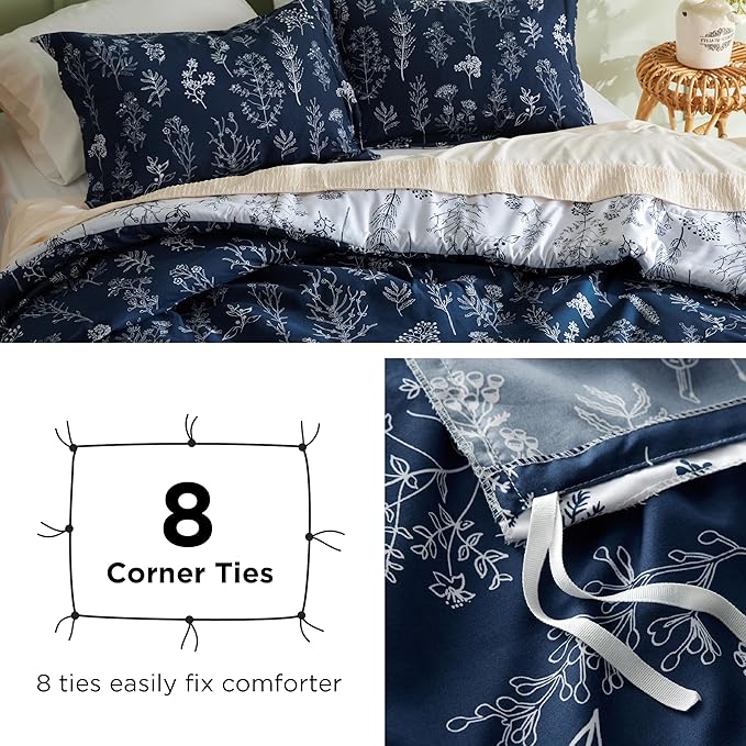 Bedsure Duvet Cover King Size - Reversible Navy Blue King Duvet Cover Set with Zipper Closure, 3 Pieces Floral Patterned Bedding Set with 8 Corner Ties and 2 Pillow Shams