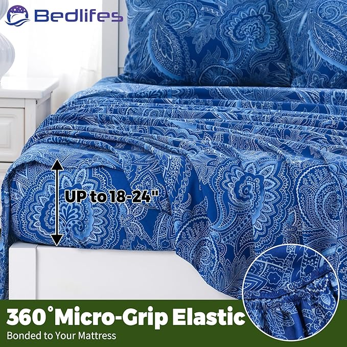 Bedlifes Extra Deep Pocket 18-24" King 4-Piece Sheet Set - Cooling Sheets Blend Rayon Derived from Bamboo Soft & Breathable,Featuring Paisley Dark Navy Blue