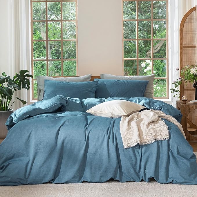 MooMee Bedding Duvet Cover Set 100% Washed Cotton Linen Like Textured Breathable Durable Soft Comfy (Heathered Peacock Blue, Super King 108"x98")