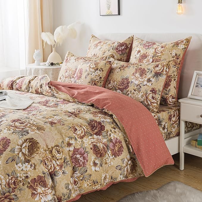 FADFAY College Duvet Cover Set Twin XL Vintage Tan Peony Floral Bedding Classic Shabby Dorm Room Comforter Cover Set 100% Cotton Soft Quilt Cover with Hidden Zipper Closure 3 Pieces, Twin XL Size