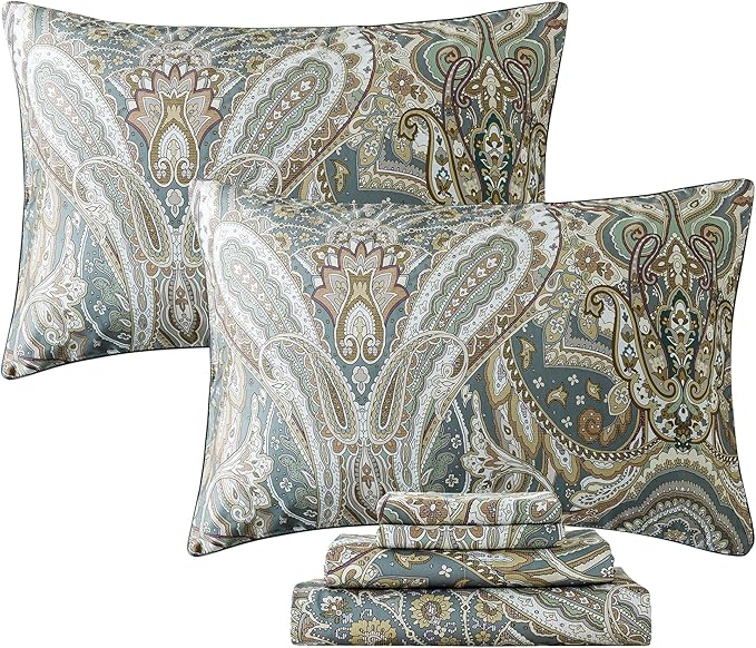 FADFAY Paisley Sheets Set Twin XL Classic Boho College Bedding Luxurious Bohemian Damask Paisley Dorm Bedding 100% Egyptian Cotton 800 Thread Count Deep Pocket Fitted Sheet 4Pcs, Twin XL Size