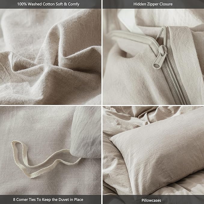 MooMee Bedding Duvet Cover Set 100% Washed Cotton Linen Like Textured Breathable Durable Soft Comfy (Heathered Tannish Linen Grey, Oversized Full 82"x86")