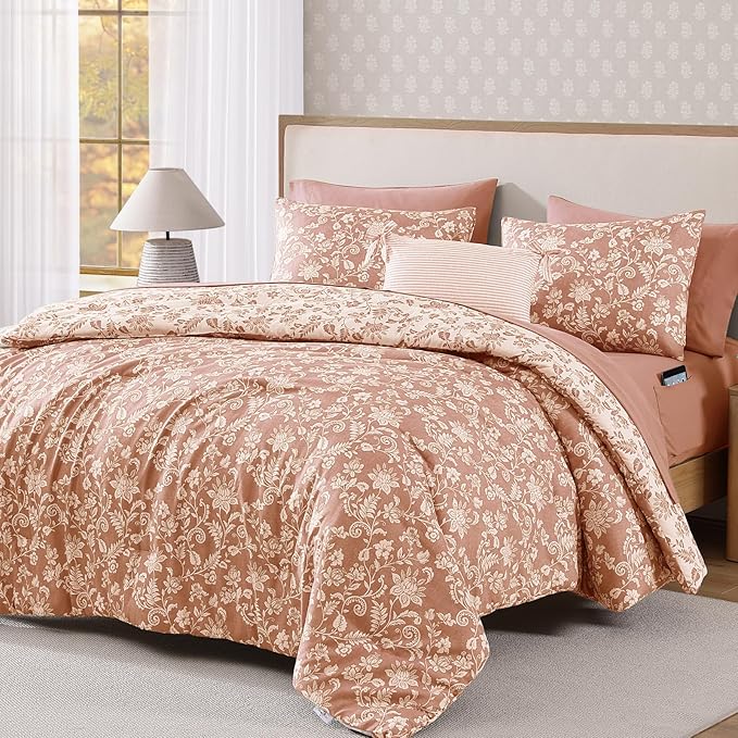 Full Comforter Set -7 Pieces Clay Pink Floral Comforter Set for All Seasons, Bed in a Bag Full with Botanical Flowers Comforter, Sheets, Pillowcases & Shams