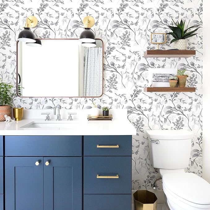 Orainege Gray Floral Wallpaper Peel and Stick Wallpaper Self Adhesive Floral Contact Paper Waterproof 17.7 in ×118.1 in Removable Wall Paper for Bedroom Bathroom Cabinets Decor