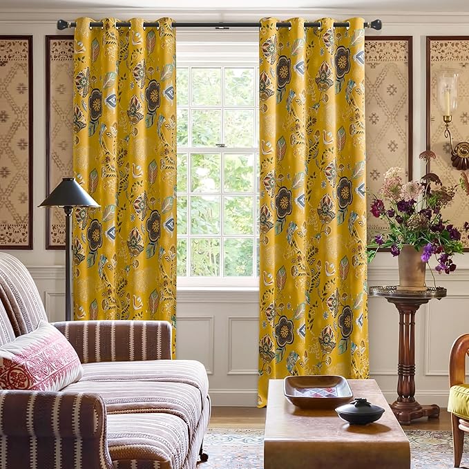 XiDi Mustard Yellow Patterned Blackout Curtains 84 Inches Long Vintage Floral Curtains for Bedroom Living Room 2 Panels Thermal Insulated Grommet Top Luxury Mid Century Colorful Drapes 52x84