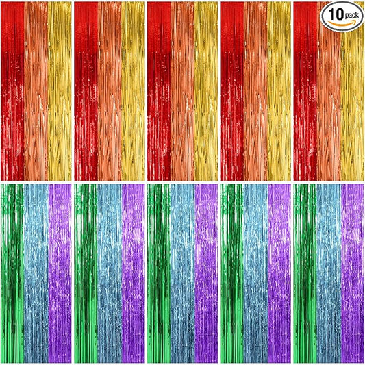 10 Pack Rainbow Party Backdrop Streamers Decorations Colorful Foil Fringe Curtains Metallic Tinsel Backdrop for Birthday First Day of School Engagement Baby Shower Christmas Holiday Party Decor