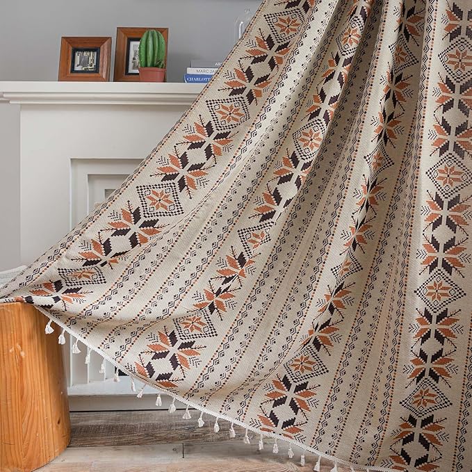 Boho Curtains 96 Inch Length 2 Panels Geometric Patterned Drapes Bohemian Semi Sheer Rod Pocket Tassel Window Curtain Panels for Bedroom Living Room Farmhouse Coffee Brown Vintage Rustic Curtains