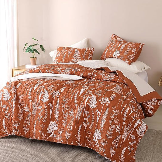 JANZAA Twin Quilt Terracotta Quilt Bed Spread Boho Quilt with Floral Pattern Microfiber Quilts Set 2 Pieces Lightweight Comforter Reversible Bedding Set,1Quilt 66x90 inches,1 Pillowcase