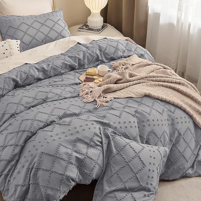 Bedsure Boho Duvet Cover King Size - Grey Breathable & Soft Boho Bedding, Machine Washable Comforter Cover for All Seasons, Includes 1 Duvet Cover 104"x90" with 2 Pillow Shams & Zipper Closure