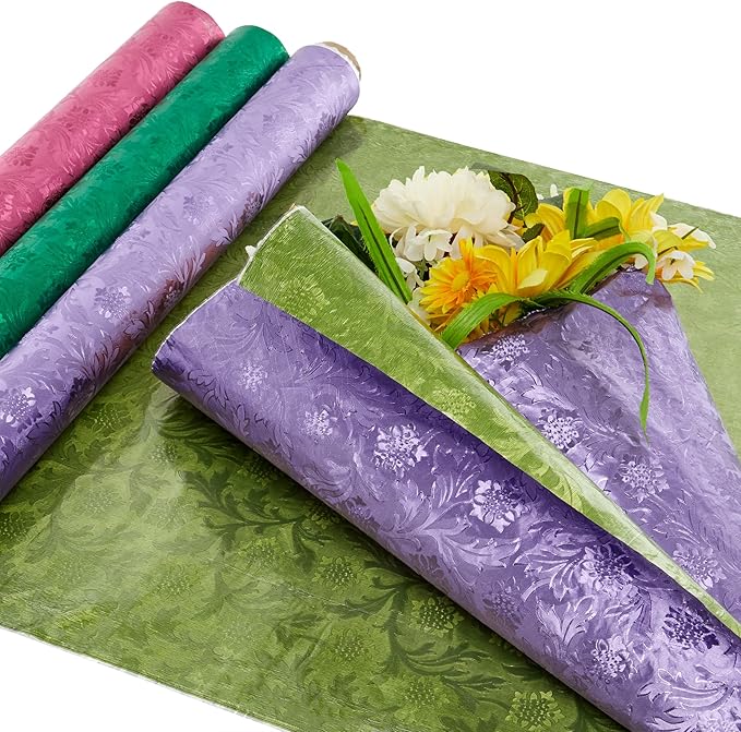 Paper Mart White Floral Foil, 20 Inches by 10 Yards, Poly Lined, Embossed Flower Wrapping Paper for Bouquets, Plants, and Decor