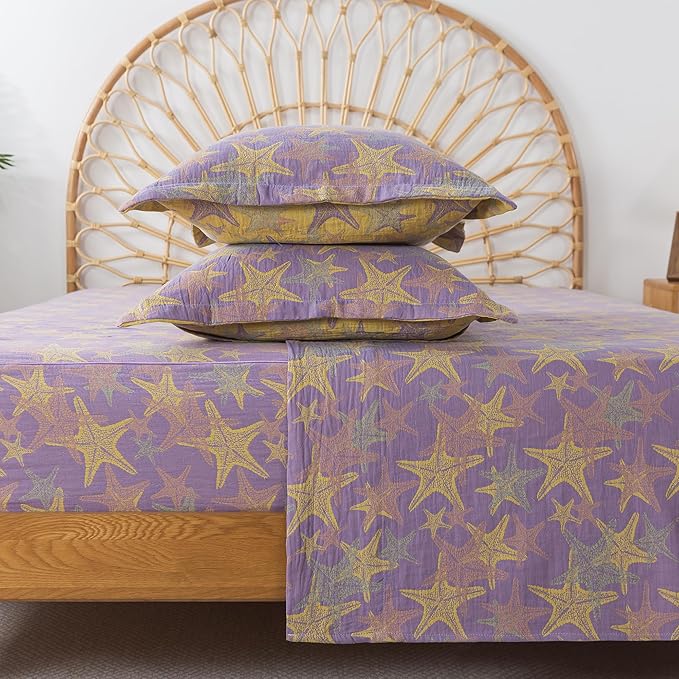 FADFAY Beach Theme Sheets Set King Purple Yellow Starfish Ocean Bedding Coastal Nautical Bedding Super Soft Washed Double -Layer Muslin Sheets 100% Cotton Deep Pocket Fitted Sheet 4Pcs, King Size