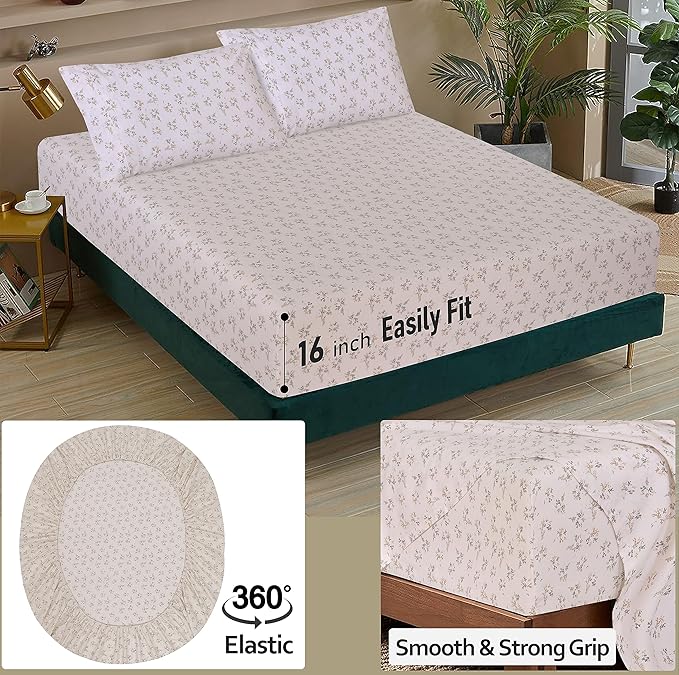 RUVANTI 100% Cotton Full Size Bed Sheets, 4 Pieces, Soft & Breathable Percale Weave Bedding, Deep Pocket 16", Hotel Standard, Crisp Cool Feel, Durable, Perfect Sheet Set Floral, Twin Spring