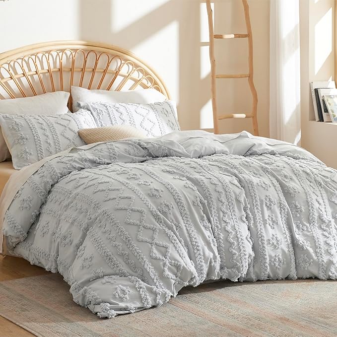 Bedsure Boho Duvet Cover Queen Size, Soft & Comfortable Elegant Design Boho Bedding for Decoration, Machine Washable Comforter Cover for All Seasons,Includes 1 Duvet Cover & 2 Pillow Shams,Light Grey
