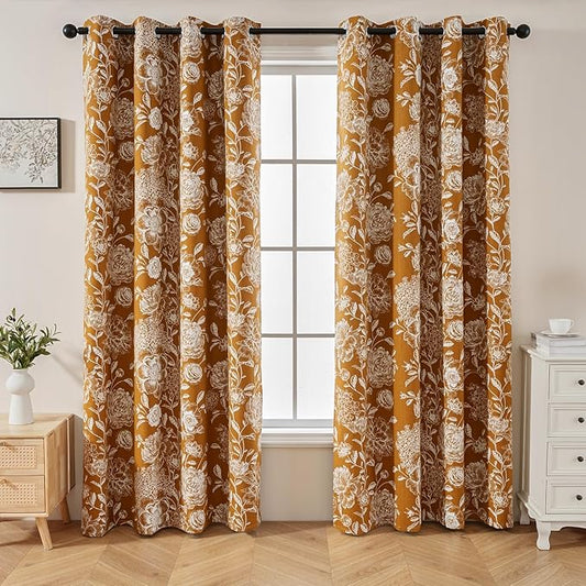 Printed Peony Blackout Curtains for Bedroom- Vintage Orange Floral Pattern on Cotton Blend Fabric, Grommet Top Light Blocking Drapes, Home & Office Decor, 52W x 96L