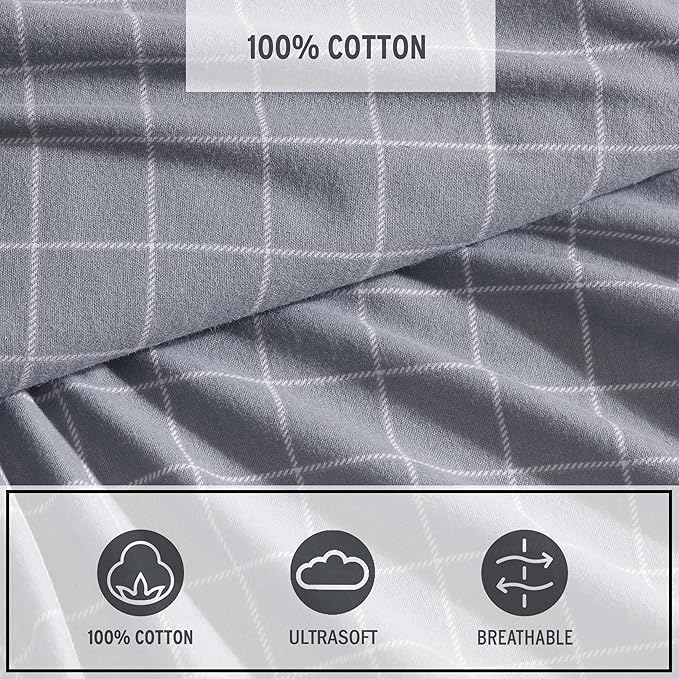 Eddie Bauer - Twin Bed Sheets, Cotton Flannel Bedding Set with Matching Pillowcase, Brushed for Extra Softness, Deep Pocket, Oeko-Tex Certified (Great Plains Plaid Grey)