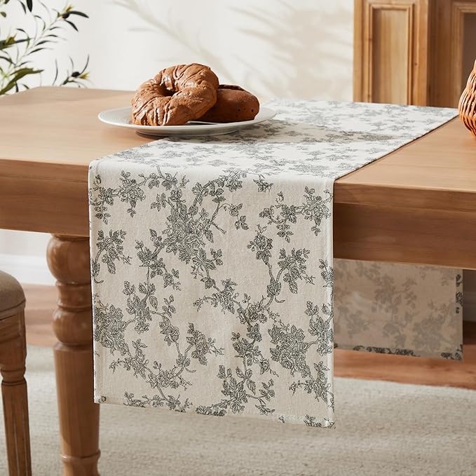 100% Cotton French Pastoral Table Runners, 13x60 Inch Black Farmhouse Table Runners 60 Inches Long, Vintage Flowers Print Home Decors