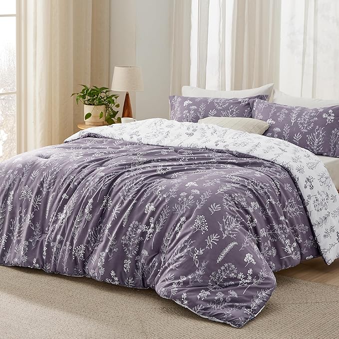 Bedsure Twin/Twin XL Comforter Set - Grayish Purple Bed Set, 2 Pieces Cute Floral Bedding, 1 Soft Reversible Botanical Flowers Comforter and 1 Pillow Sham