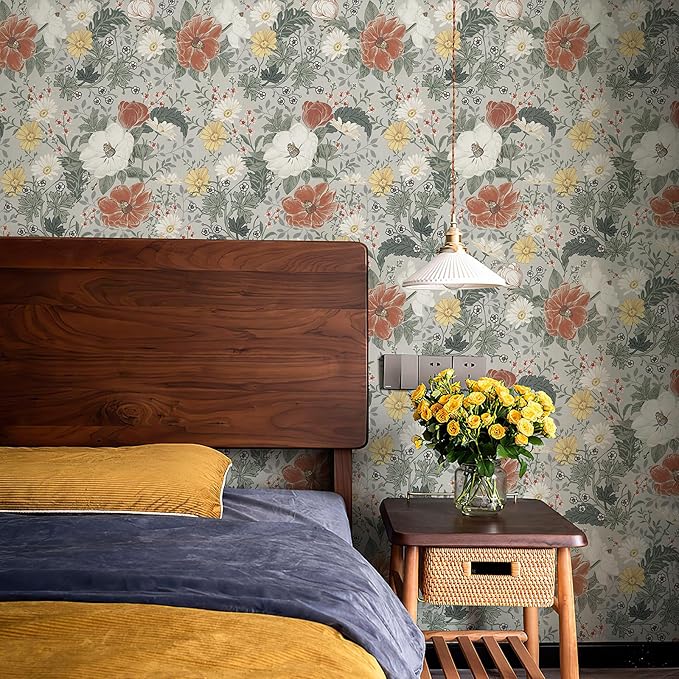 Simon&Siff Vintage Wallpaper Peel and Stick Modern Floral Wall Paper Farmhouse Botanical Contact Paper Removable Renter Friendly Wallpaper for Cabinets Countertop Wall 17.3" x 118"