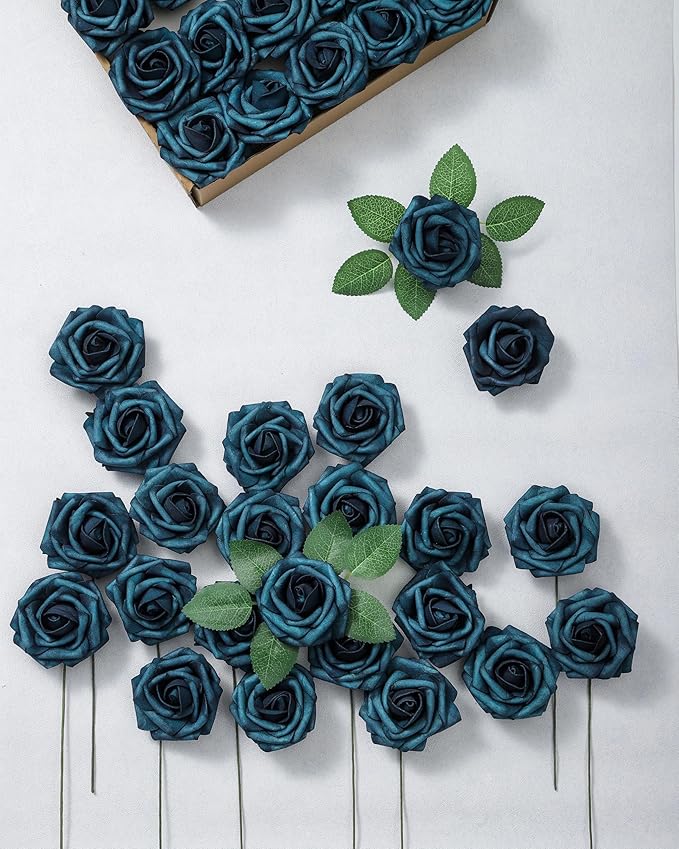 DuHouse 25Pcs Artificial Roses Flowers Fake Rose with Stems Real Touch Foam Flowers for DIY Wedding Bouquet Baby Shower Centerpiece Floral Arrangement Party Home Decor(Peacock Blue)
