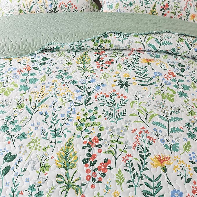 HoneiLife Oversized Queen Bedspread - Floral Quilt Sets 106"x106",3-Piece Lightweight Bedspreads Microfiber Coverlets Queen Quilt Bedding Sets Wildflower Quilts for All Season Use