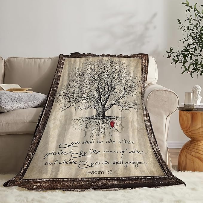 Christian Bible Tree of Life Throw Blanket - Religious Gifts and Decor for Women Men Adults - Soft Warm Cozy Fleece for Couch Sofa Bed 50"x40"