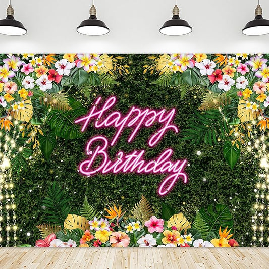 Riyidecor Happy Birthday Backdrop for Women Fabric Floral Green Leaves Pink Neon Girl Summer Hawaii Flower Plant 7Wx5H Feet Lights Botanical Photography Background Birthday Photo Studio Shoot