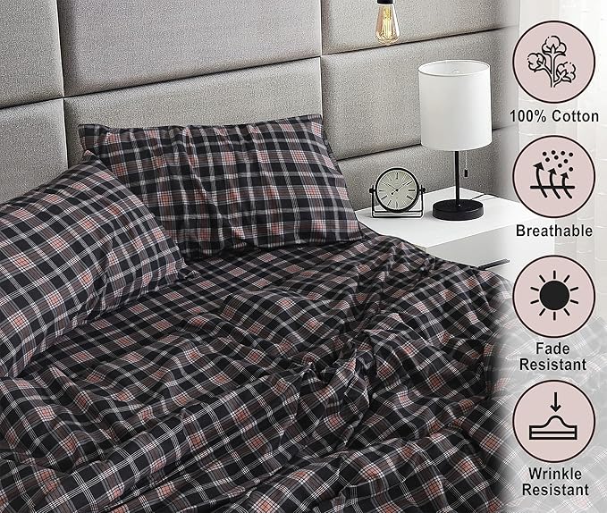 RUVANTI Flannel Sheets Full Size - 100% Cotton Double Brushed Bed Sheets Set, Deep Pockets 16 Inches, All Seasons Breathable & Extra Soft Full Sheets, Warm & Cozy, 4 Piece, Peach & Black Plaid
