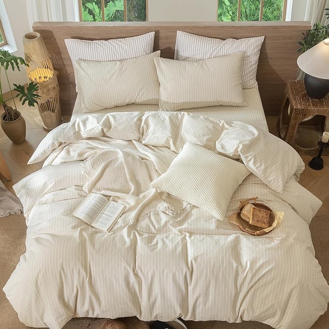 MooMee Striped Duvet Cover Set 100% Washed Cotton Linen Like Textured Breathable Durable Soft Comfy (Almond Milk Grey White Wide Stripes, Super King 108"x98")