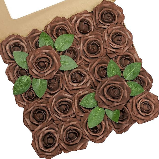 Artificial Flowers, Artificial Rose 100pcs for DIY Wedding Bouquets Centerpieces Arrangements, Brown Foam Roses with Stem for Bridal Shower Party Home Decorations