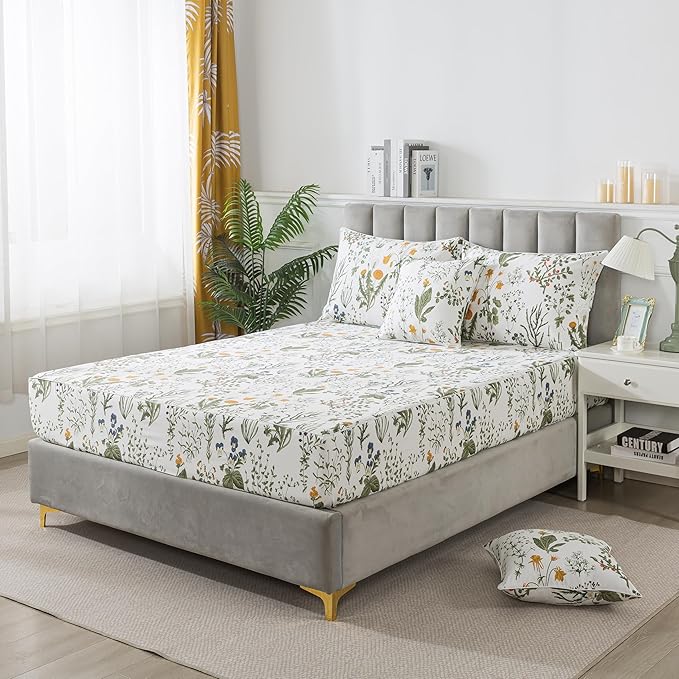 FADFAY 100% Egyptian Cotton Sheets Full Botanical Printed Floral Sheets Yellow Flowers & Leaves Pattern Farmhouse Bedding Soft and Breathable French Country Bedding 4Pcs Deep Pocket Full Sheet Set