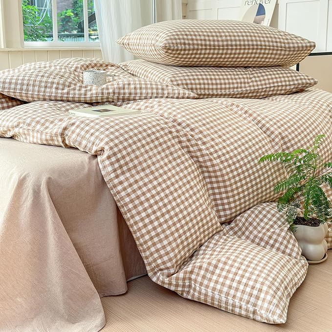 LifeTB Tan Gingham Comforter Set California King 3 Pieces Modern Plaid Comforter Set Beige Grid Comforter with 2 Pillowcases Soft Fluffy Checkered Grid Pattern Gingham Bedding Set for All Seasons