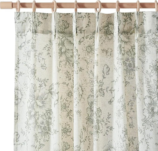 jinachan Pinch Pleated Curtains Floral Linen Blend Curtains for Living Room 84 Inches Length Christmas Green Peony Flower Printed Curtain Rod Pocket Back Tab Farmhouse Drapes with Hooks Set 2 Panels