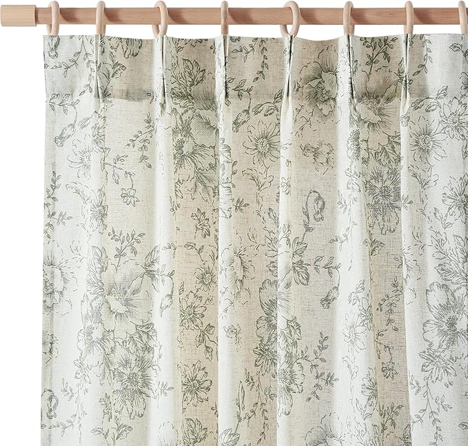 jinachan Pinch Pleated Curtains Floral Linen Blend Curtains for Living Room 63 Inch Length Christmas Green Peony Flower Printed Curtain Rod Pocket Back Tab Farmhouse Drapes with Hooks Set 2 Panels