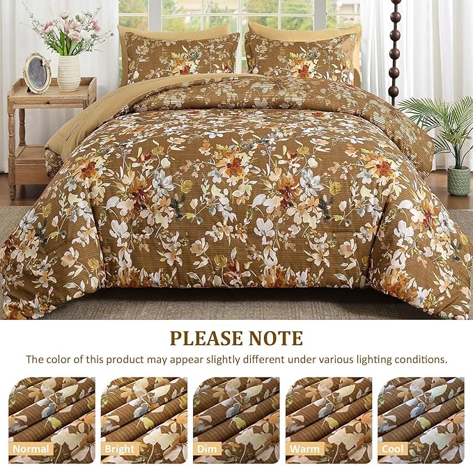Dobuyly Fall King Size Comforter Set, 7 Pieces Brown Floral Comforter Set, Bed in a Bag King with Botanical Flowers Pattern, Farmhouse Bedding Set with Sheets, Pillowcases & Shams