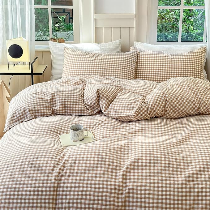 LifeTB Tan Gingham Comforter Set King Modern Style Beige Plaid Comforter Set 3 Pieces Soft Fluffy Grid Checkered Pattern Comforter with 2 Pillowcases Farmhouse Gingham Plaid Bedding Set King