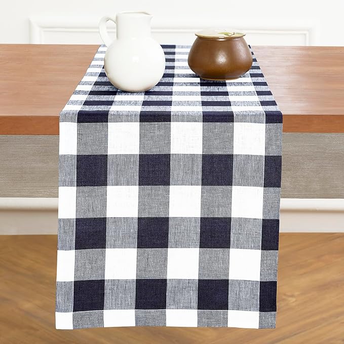 Solino Home Linen Checkered Table Runners 90 Inches Long - 100% Pure Linen Buffalo Check Navy and White Table Runner 14 x 90 Inch Ideal for Dining, Winter