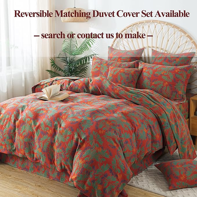 FADFAY Floral Sheets Set King Vintage Red Green Floral Bedding Shabby Maple Leaf Farmhouse Bedding Super Soft Washed Double -Layer Muslin Sheets 100% Cotton Deep Pocket Fitted Sheet 4Pcs, King Size