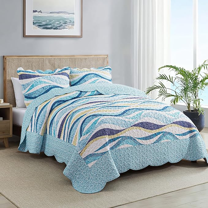 HoneiLife Queen Bedspreads Oversized - 106"x106" Coastal Quilt Sets, Beach Quilt 3-Piece, Nautical Bedspreads Ocean Coverlets, Lightweight Bed Cover, Summer Quilts