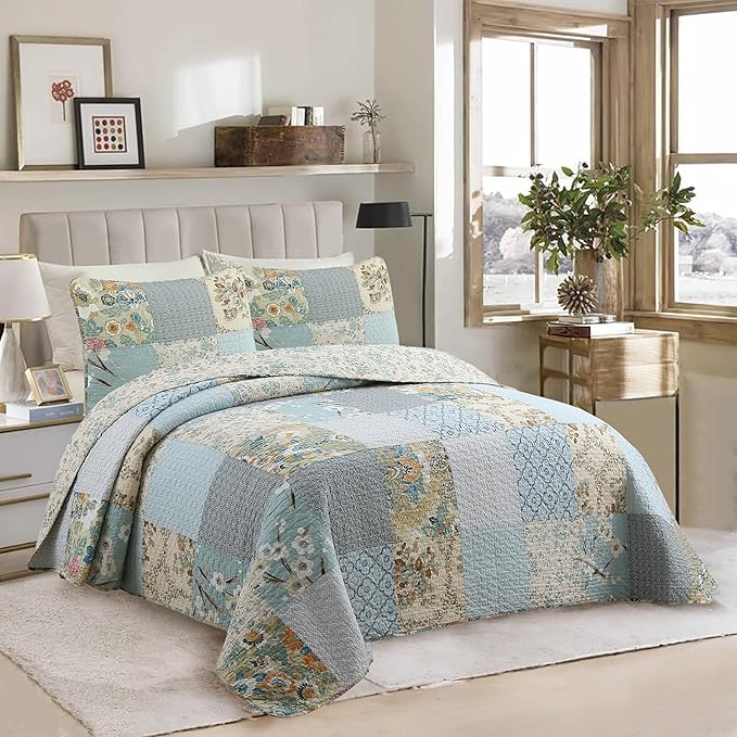 Cozy Line Home Fashions 100% Cotton Classic Patchwork Bedding Quilt Set, Blue Gray Teal Taupe Bohemian Style Reversible Bedspread Coverlet (Carolina Bloom, Queen - 3 Piece)