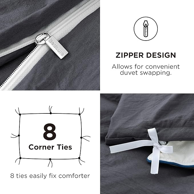 Bedsure Duvet Cover Full Size with Fitted Sheet - 4 Pieces Prewashed Cotton-Like Extra Soft Bedding Set, Includes 1 Duvet Cover 80x90 Inches, 2 Pillow Shams, 1 Fitted Sheet, Dark Grey