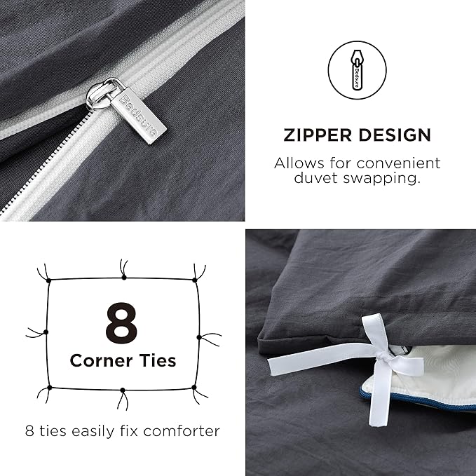 Bedsure California King Size Duvet Cover with Fitted Sheet - 4 Pieces Prewashed Cotton-Like Extra Soft Bedding Set, Includes 1 Duvet Cover 104x98 Inches, 2 Pillow Shams, 1 Fitted Sheet, Dark Grey