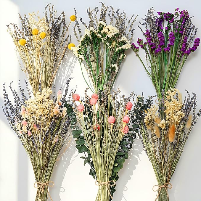 6 Pack Boho Dried Flowers Bouquet Large Size 15-17 Inch Wedding Handmade Dry Flowers Bundles for Vase Craft DIY Photo Boutonniere for Floral Plant for Bridesmaid Gift Birthday Decor(Lavender)
